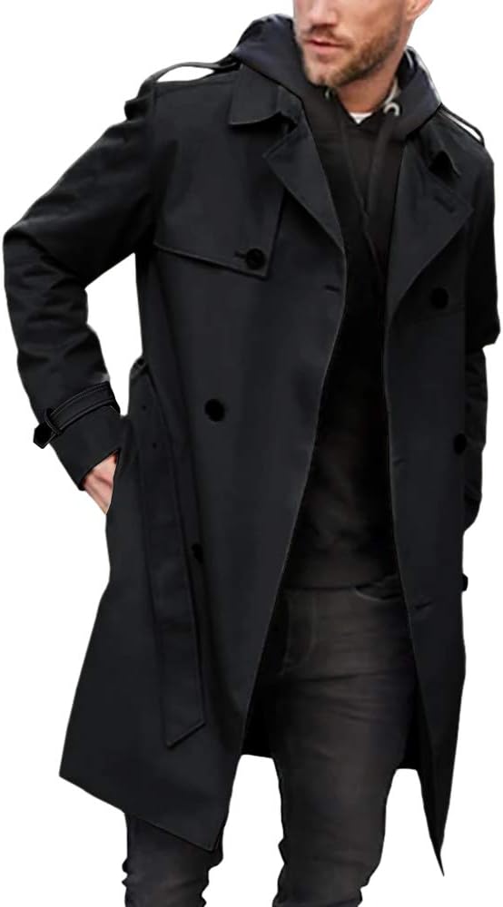 251225055734695_1 Pretifeel Mens Trench Coat Slim Fit Double Breasted Long Jacket Notched Lapel Belt Fall Windproof Coat - Image 1